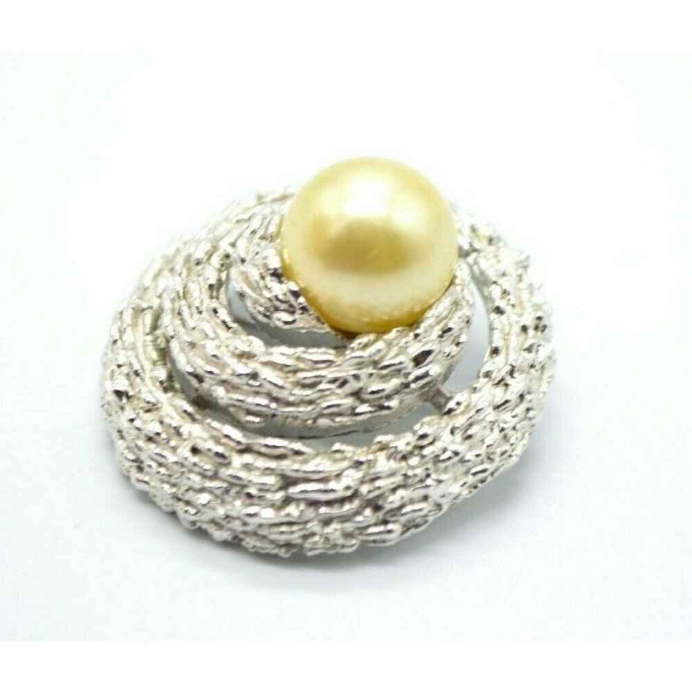 Crown Trifari Faux Pearl Textured Silver Tone Shel
